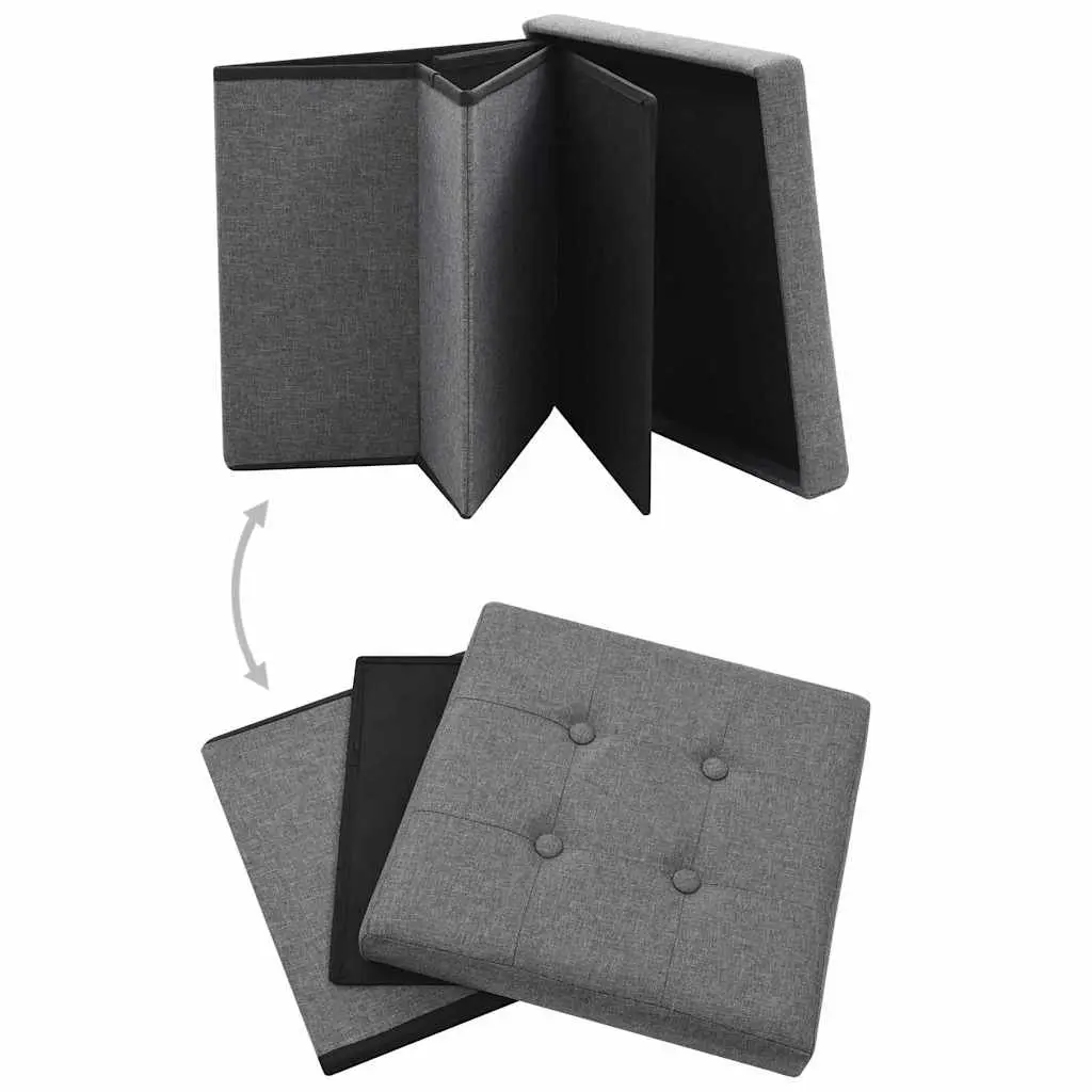 Folding Storage Stools Set of 2 Grey Faux Linen Removable Seat Tops Space Saving