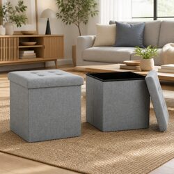 Folding Storage Stools 2 pcs Grey Faux Linen Upholstered Seat with Removable Top