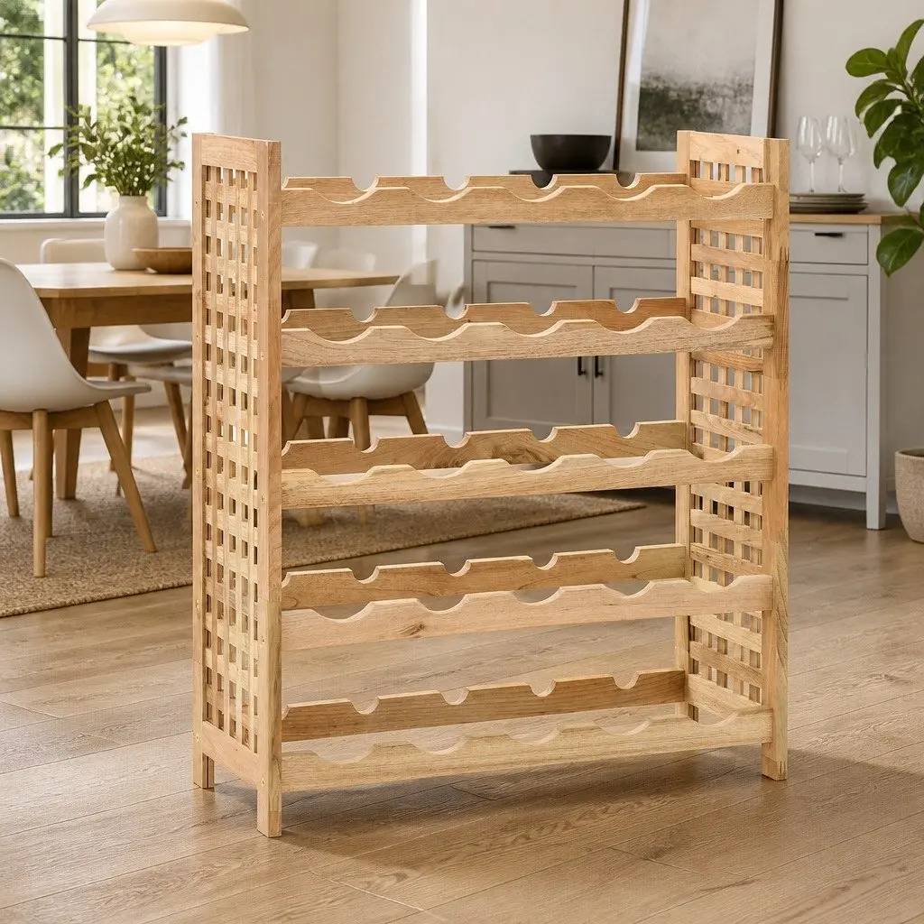 Wine Rack 5-Tier Solid Walnut Wood Storage Cabinet for 25 Bottles