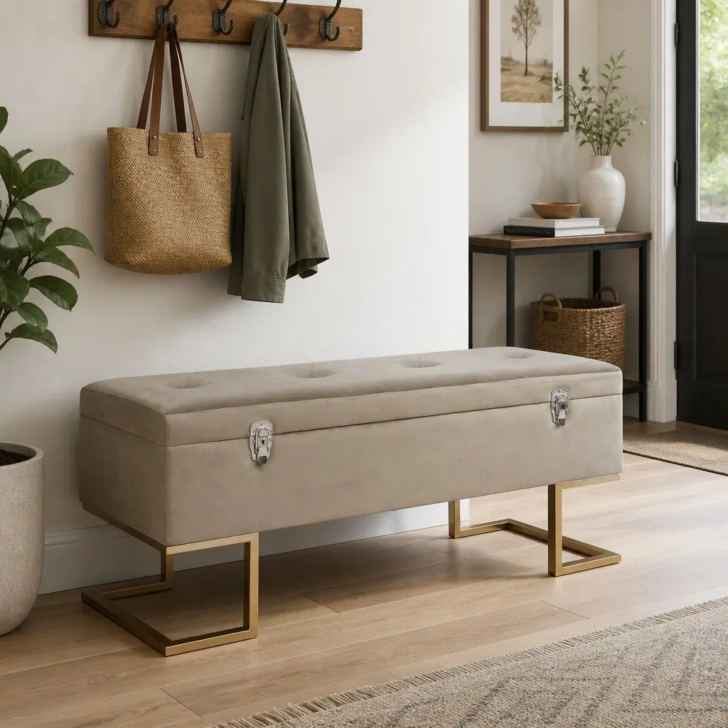 Storage Bench 105 cm Beige Velvet Upholstered with Interior Compartment and Iron Legs