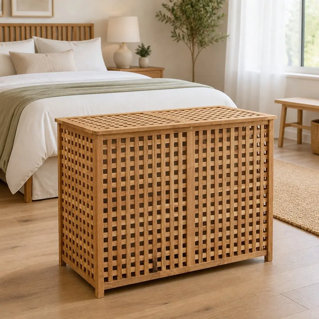 Wooden Laundry Bin Two Compartments Brown Storage Basket for Bedroom Bathroom