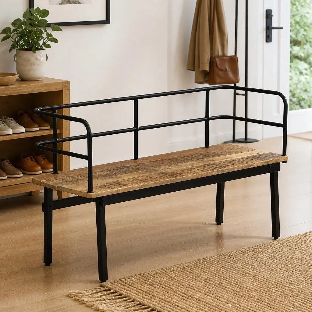 Solid Mango Wood Bench 120x40x70 cm Brown Industrial Style Storage Entryway Hall Seat