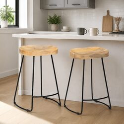 Bar Stools 2 pcs Solid Mango Wood Retro Vintage Kitchen Counter Dining Chair
