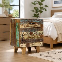 Bedside Cabinet Hand Carved Solid Reclaimed Wood Nightstand Storage Drawer Door