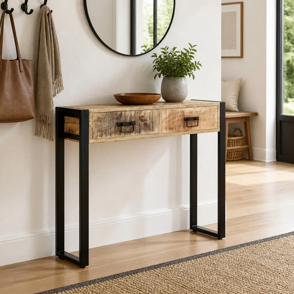 Console Table 90x30x75 cm Solid Mango Wood 2 Drawer Rustic Industrial Hall Entry Furniture Brown