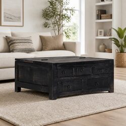 Coffee Table Black 65x65x30 cm Solid Mango Wood Drawers Storage Flip-top