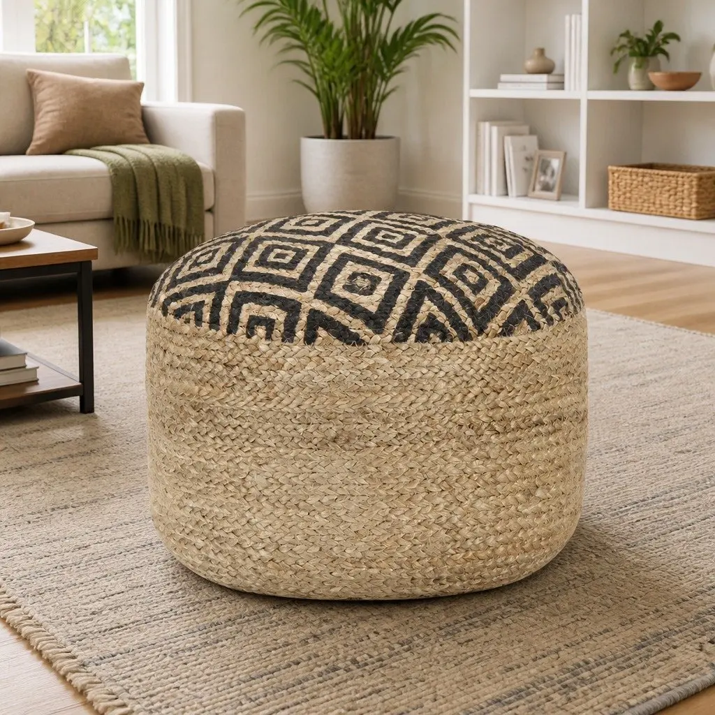 Pouffe Footstool 45x30cm Handmade Black Braided Jute Relaxing Foot Rest