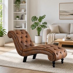 Chaise Lounge Brown Faux Suede Leather Accent Living Room Furniture Padded