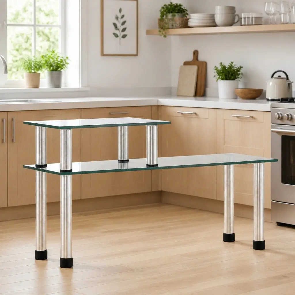 2-Tier Kitchen Shelf 45 x 16 x 26 cm Transparent Tempered Glass Spice Rack Organiser