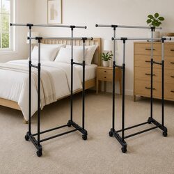 Adjustable Clothes Rack with 2 Hanging Rails Storage Organiser Set 2 pcs