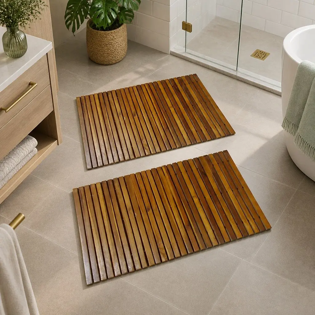 Brown Wooden Bathroom Mats Set Non-Slip Rubber Backing 80x50cm 2 Pieces