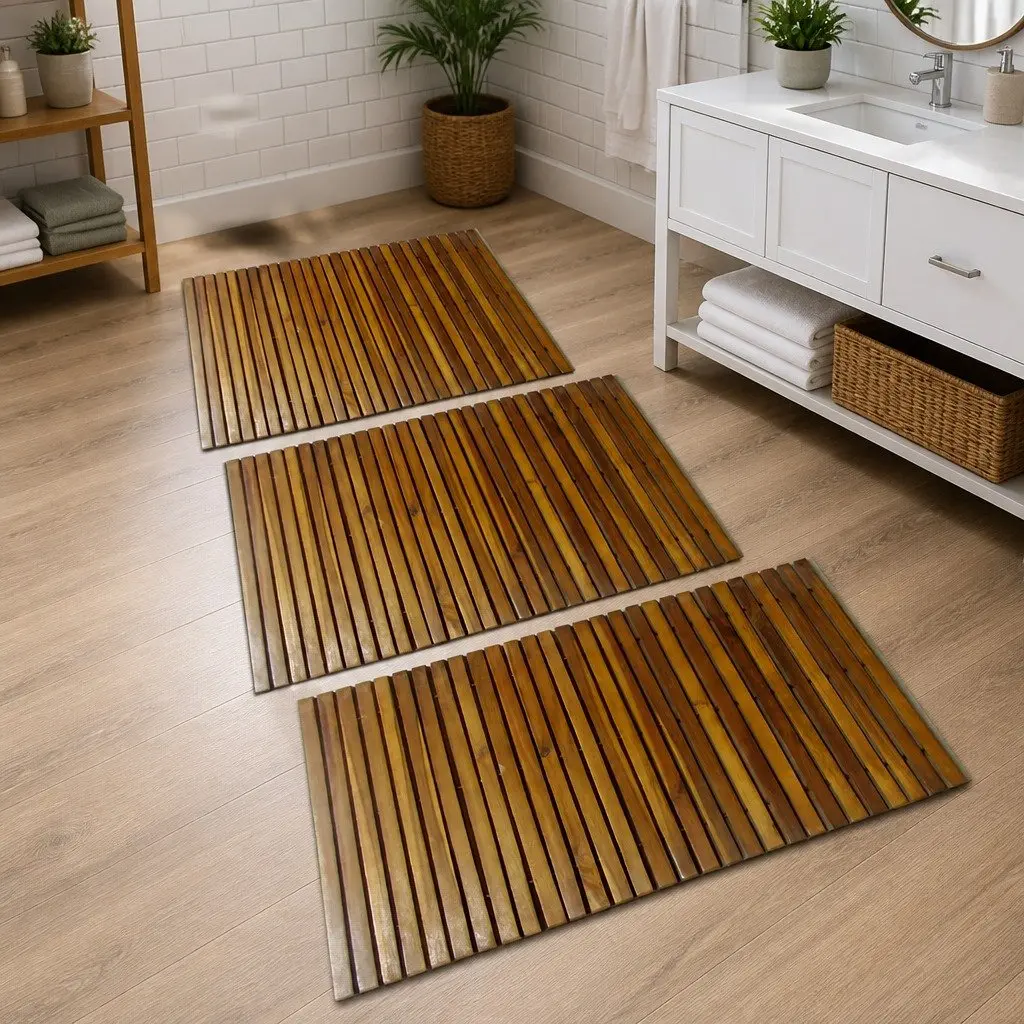 Wooden Bath Mat 80 x 50 cm Non-Slip Bathroom Sauna Floor 3 Piece Set