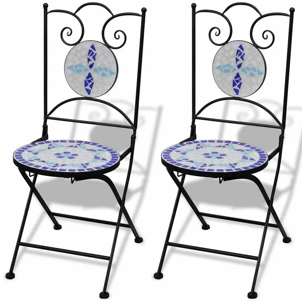3 Piece Bistro Set Blue White Ceramic Tile Outdoor Patio Garden Furniture Chairs