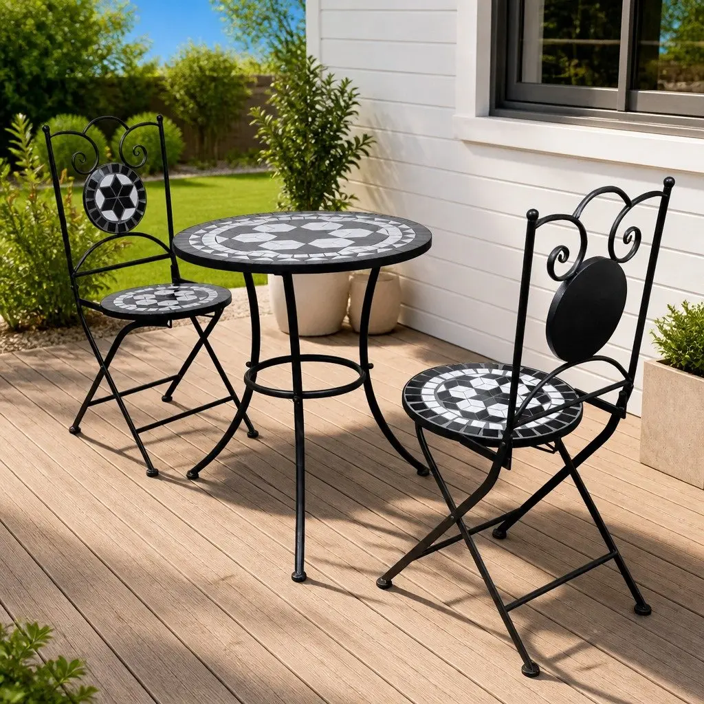 3 Piece Outdoor Bistro Set Ceramic Tile Table and Chairs Patio Garden Furniture