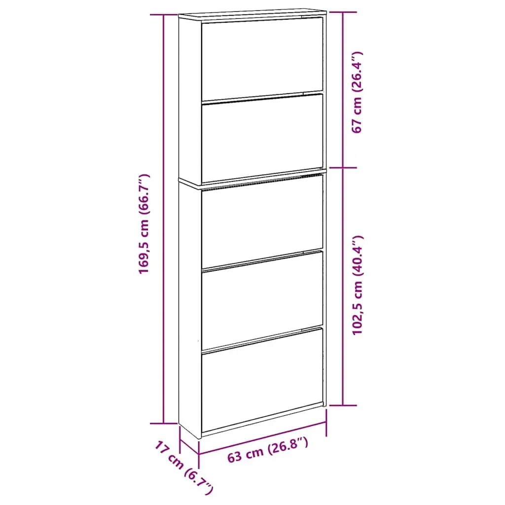 Shoe Cabinet 5-Layer Brown Wall-Mounted Organiser with Mirror Front Panel