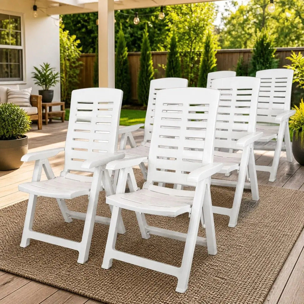 Outdoor Reclining Garden Chairs Set 6 pcs Plastic White Folding Patio Seating