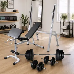 Adjustable Workout Bench with Barbell Dumbbell Weight Set Home Gym Equipment