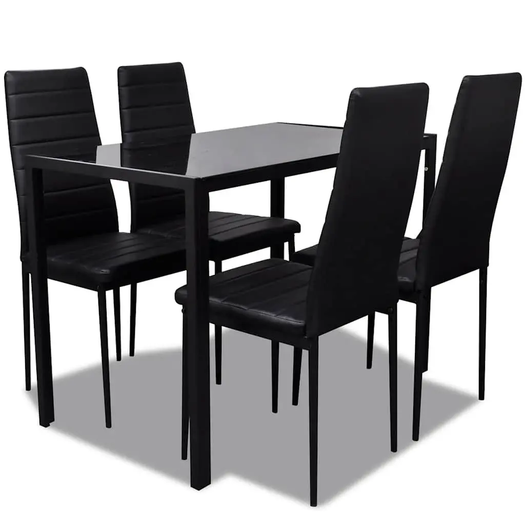 Dining Set 5 Pieces Black Modern Kitchen Table with High-Strength Tempered Glass Top and 4 Chairs Upholstered with Artificial Leather