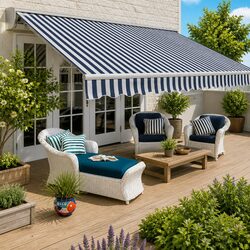 Folding Manual Awning 300cm Garden Patio Outdoor Shade Canopy Blue White