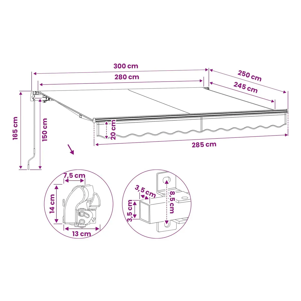 Folding Awning 300cm Manual Operation UV Weather Resistant Cream Outdoor Patio Garden Shade