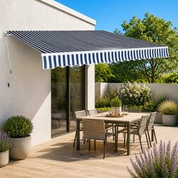 Folding Manual Awning 400cm Garden Patio Outdoor Shade Canopy Blue White