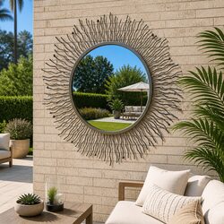 Garden Wall Mirror Sunburst 80cm Black Outdoor Patio Decor Antique Powder Coat
