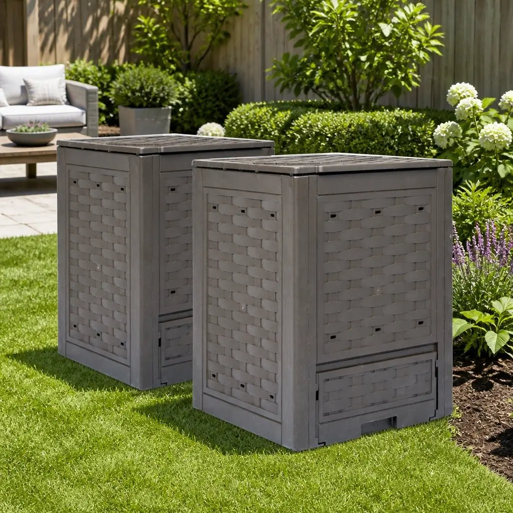 Garden Composters 600L Brown 60x60x83cm Rattan Look with Split Lids for Irrigation and Ventilation