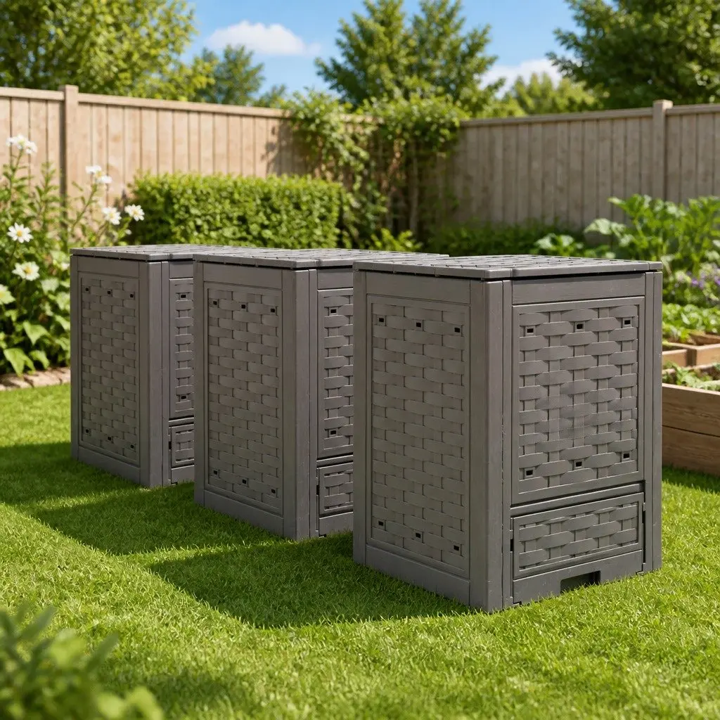 Garden Composters 3 Piece 900L Rattan Look Outdoor Waste Bins 60x60x83 cm