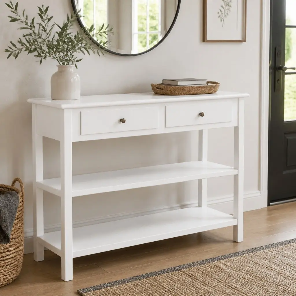 Sideboard White Storage Cabinet 2 Drawers 2 Shelves Sturdy Durable Construction