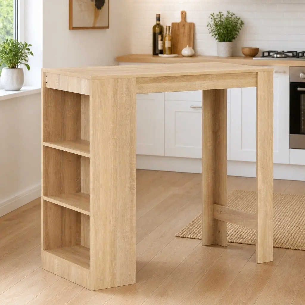 Bar Table 110x50x103cm Brown with 3 Layer Storage Shelf for Kitchen Dining Room