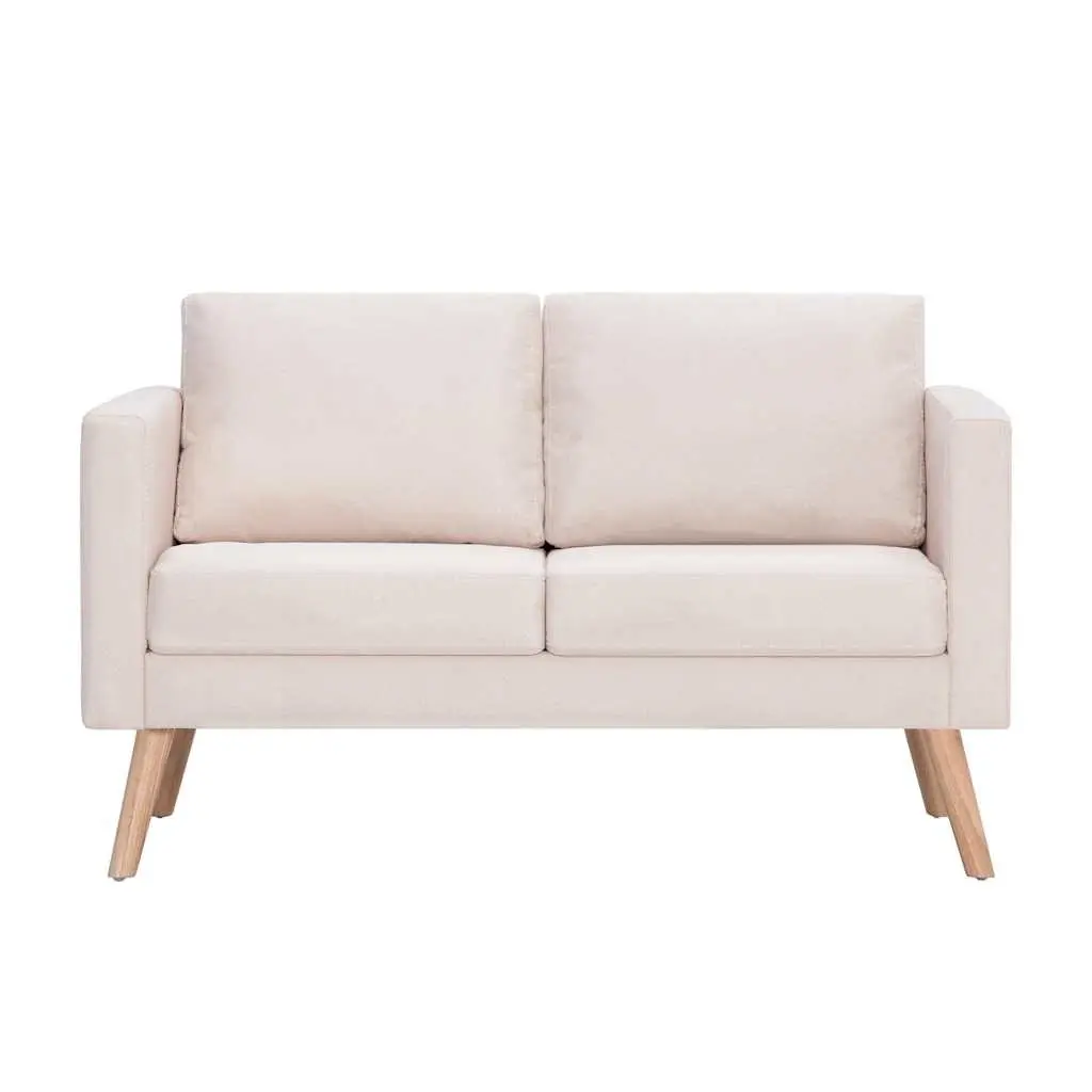 2-Seater Sofa Cream Fabric Wide Seating Thickly Padded Cushions Wooden Frame