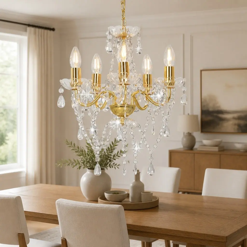Chandelier 5 Arm Round Crystal Beads Gold Hanging Ceiling Lamp