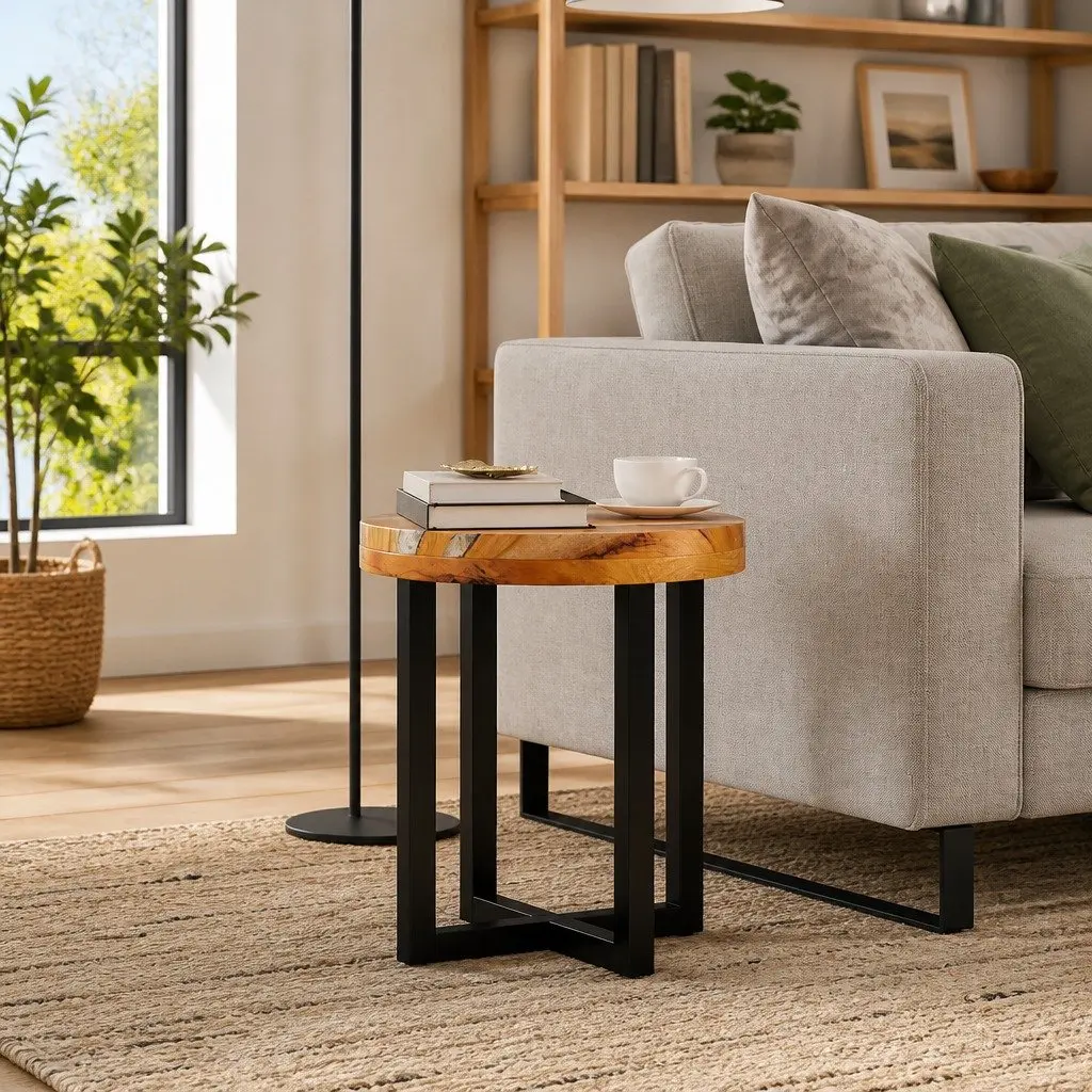 Coffee Table 40x45cm Round Solid Teak Wood Mango Wood Polyresin