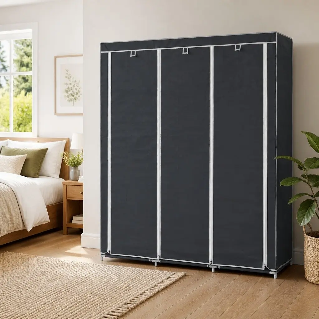 Portable Wardrobe Storage Cabinet Black with Multiple Compartments and Rods