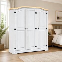 3-Door White Wooden Wardrobe Pine Cabinet Bedroom Cupboard Storage Armoire