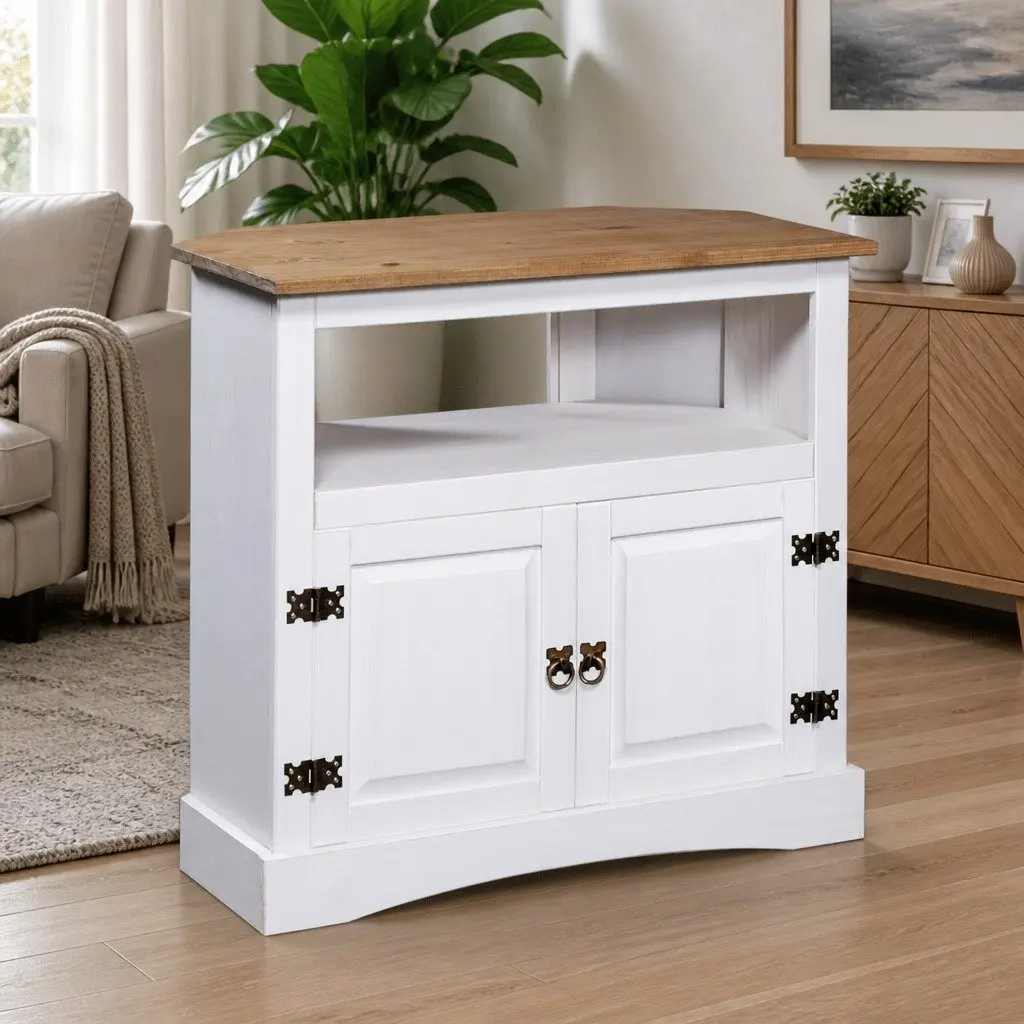 Console Table 80x43x78cm Solid Pinewood White Mexican Corona Style with Enclosed Cabinet and Open Compartment