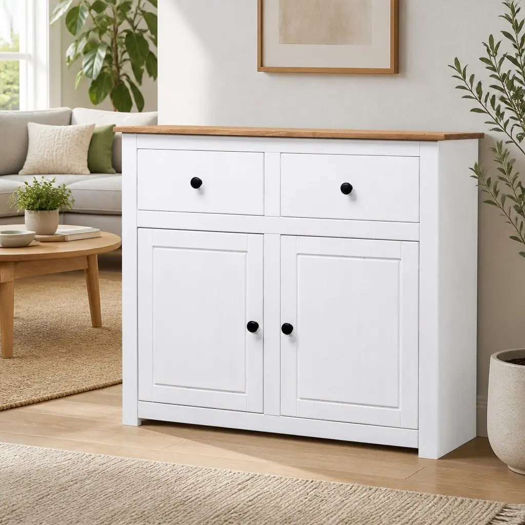 Pinewood Sideboard White Storage Cabinet with 2 Drawers and 2 Doors for Living Room or Dining Area
