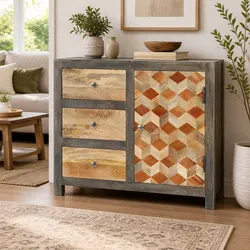 Side Cabinet Solid Mango Wood Storage Sideboard with Door Drawers Mid-Century