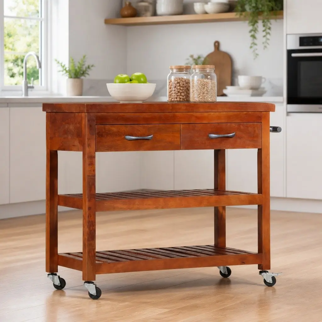 Kitchen Trolley 100x48x89cm Solid Acacia Wood Storage Cart with Casters and Towel Rack Brown