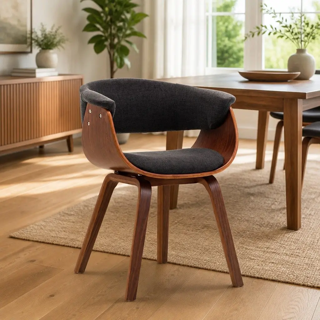 Dining Chair Grey Fabric Upholstered Ergonomic Bent Wood Frame
