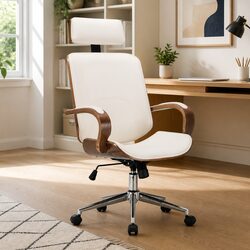 Modern Cream Swivel Office Chair with Adjustable Headrest