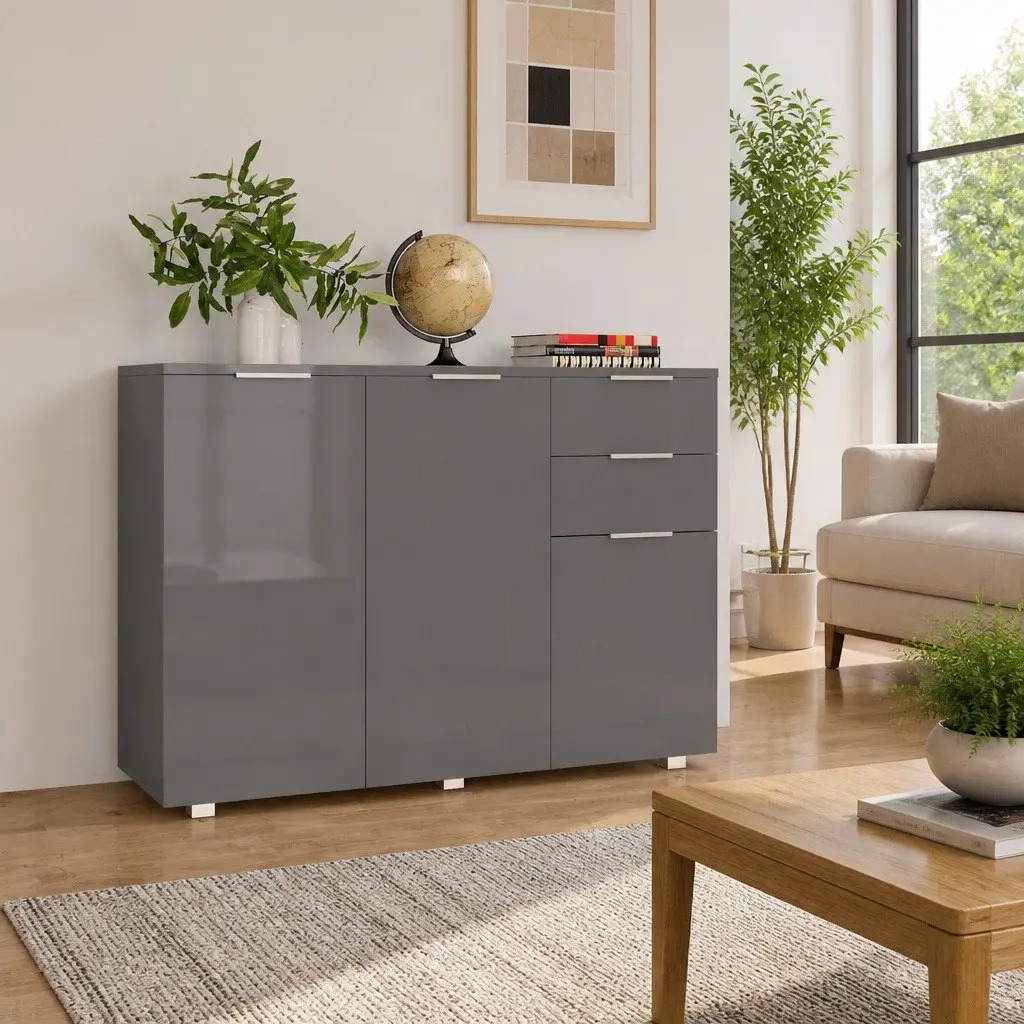 Sideboard Grey High Gloss Storage Cabinet with 2 Drawers and 3 Doors for Living Room