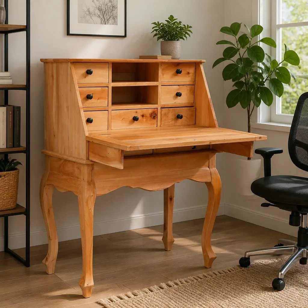 Secretary Desk Solid Mahogany Wood Flip Writing Board with Storage Drawers Brown