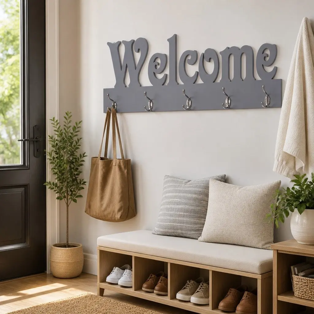 Wall Mounted Coat Rack Grey 5 Hooks with Welcome Lettering
