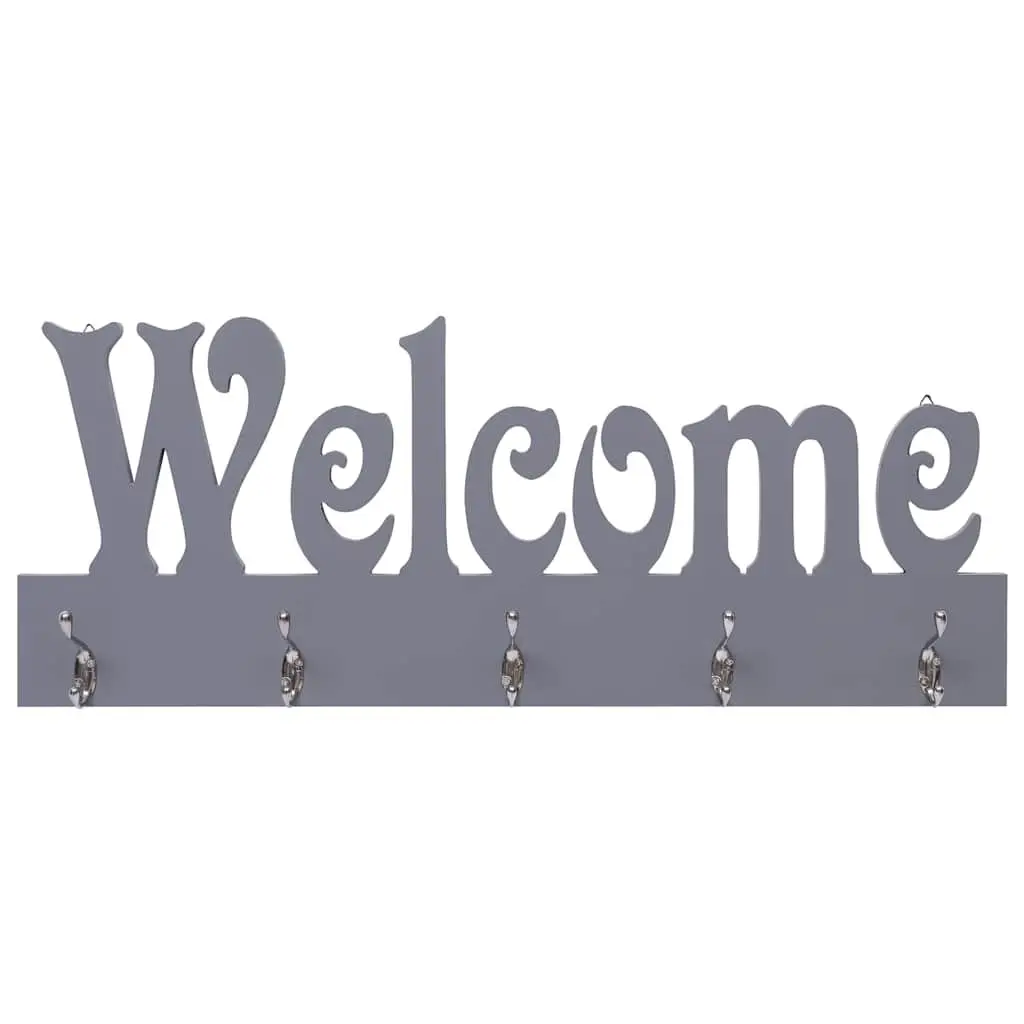 Wall Mounted Coat Rack Grey 5 Hooks with Welcome Lettering