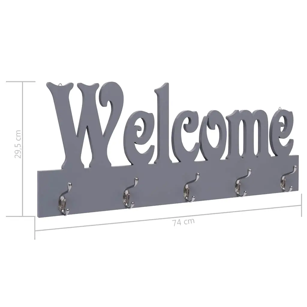 Wall Mounted Coat Rack Grey 5 Hooks with Welcome Lettering