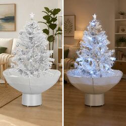 White Snowing Christmas Tree with Lights Baubles Ornaments Umbrella Base 75cm