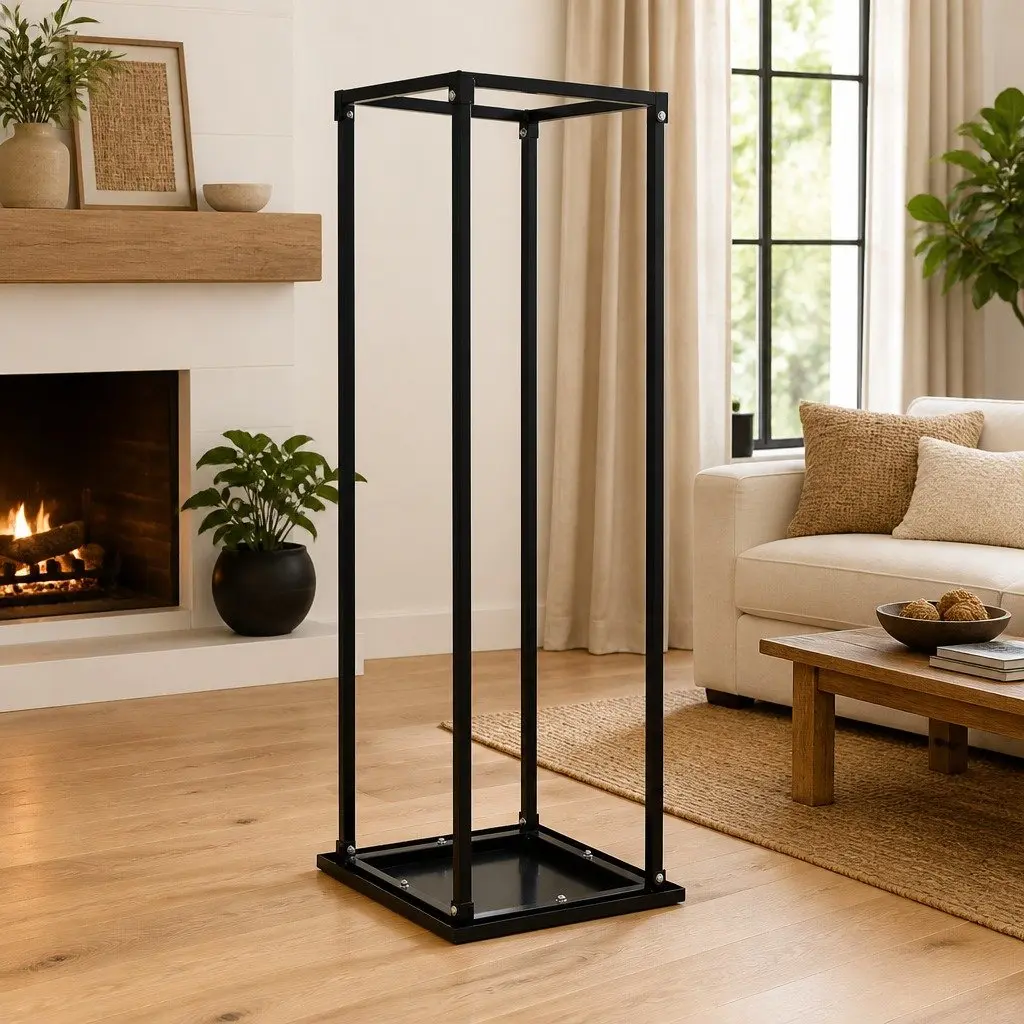 Firewood Rack Black Rectangular Log Storage Stand with Base Heavy-Duty Steel Construction