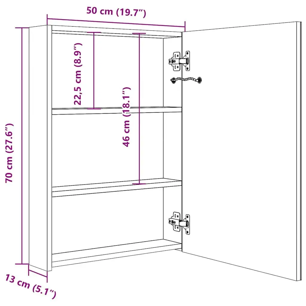 LED Bathroom Mirror Cabinet 50x13x70cm Wall Mounted with Dual LED Light Strips and 3 Interior Shelves in White