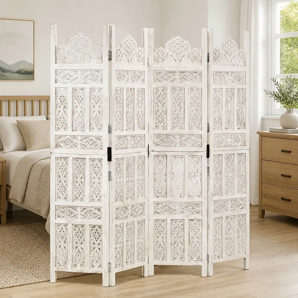 4-Panel Room Divider Solid Mango Wood Hand Carved Folding Privacy Screen